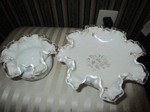 2 VINTAGE FENTON MILK GLASS LACE VIOLETS RUFFLE DISHES 1 SIGNED HAND PAINTED