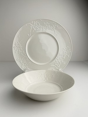 KPM Berlin White Porcelain Embossed Floral Dinner Plate & Bowl Set of 2