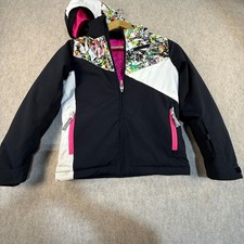 Spyder Kids Ski Jacket Black White Pink Splatter Print Hooded Winter Coat Size 8