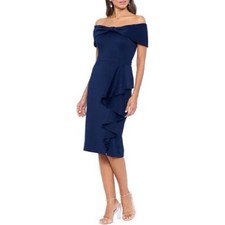 XSCAPE Womens Size 6 Navy Ruffled Short Sleeve Off Shoulder Front Knot Bow NEW