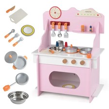 Pink Wooden Toddler Play Kitchen With Sink  Accessories, Safe Gift For Kids 3 