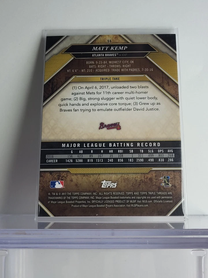 2017 Topps Triple Threads Amethyst #56 Matt Kemp Braves /340 - Image 2 of 2
