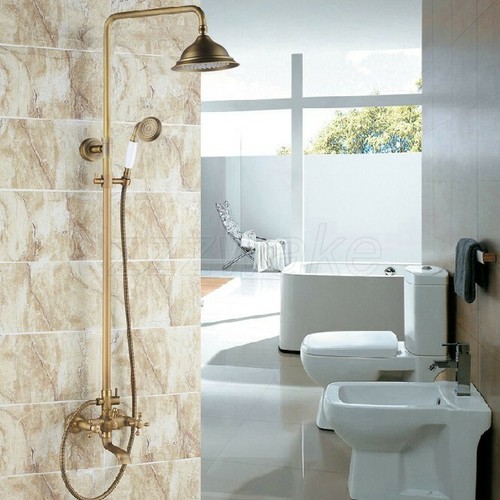 Antique Brass Rain Shower Faucet Set W/ Tub Mixer Tap Dual Cross Handle Zrs124 - Picture 3 of 6