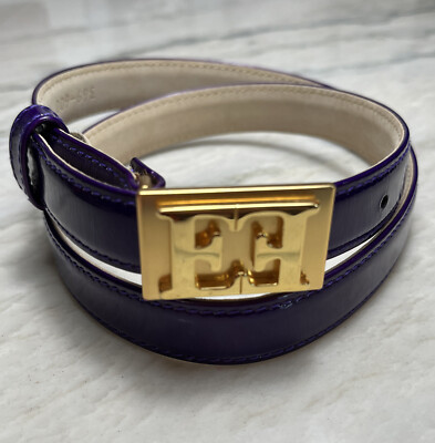 Escada Womens Belt Purple Leather Skinny Goldtone Logo  display picture 2