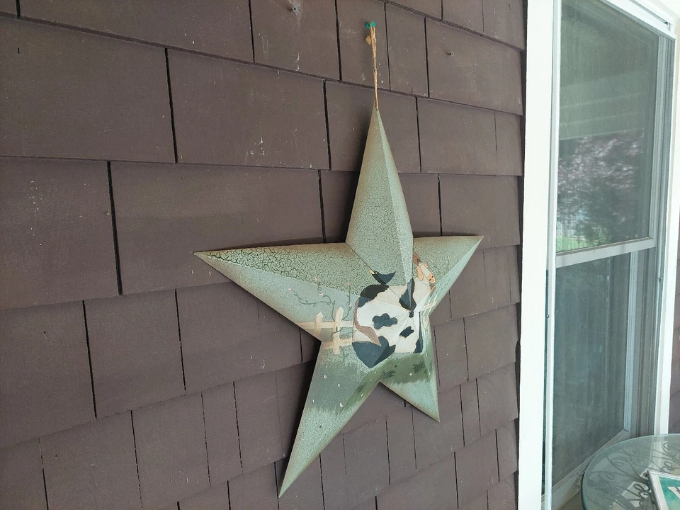 Estrella de Granero Decorativa 24" - Vaca y Pájaro en Campo por Cerca Foto 4 de 4