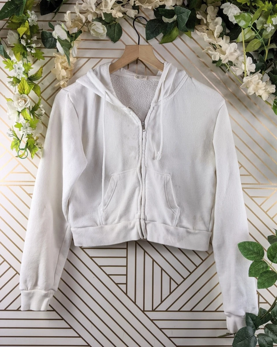 Brandy Melville White Crop Fleece Zip-up Crystal Hoodie Sweater