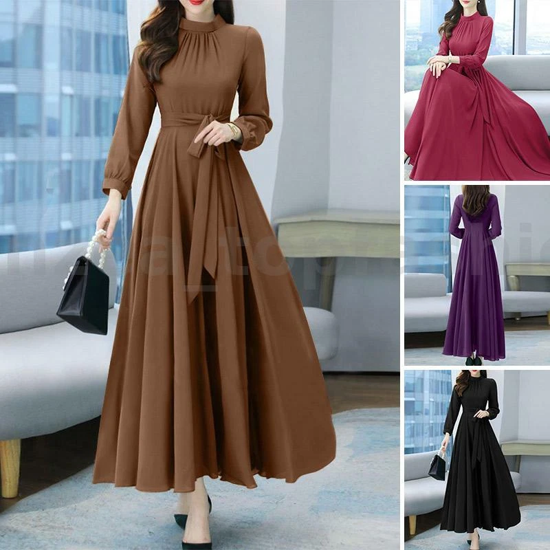 Women's Fashion Long Sleeve O-Neck Swing Dress Evening Prom Gown Long Maxi  Dress