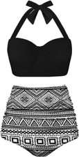 2PCS Women A-Goemetric Print High Waist Shorts Crop Top Halter Tankini US Size L