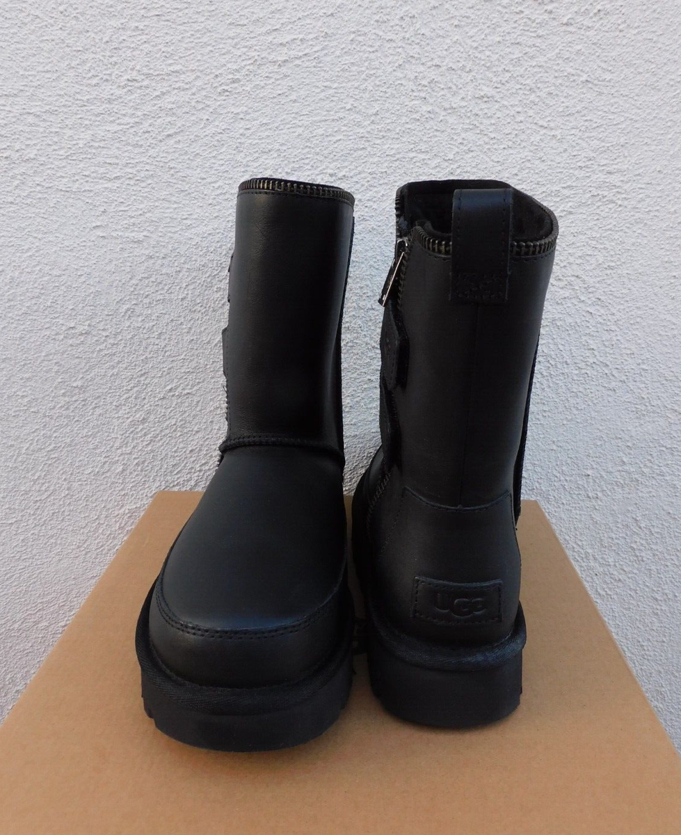 UGG BLACK CLASSIC SHORT MOTO LEATHER/ WOOL WINTER BOOTS, WOMEN US