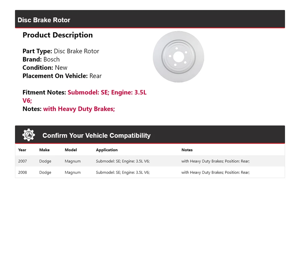 For 2007-2008 Dodge Magnum SE 3.5L V6 Bosch QuietCast Disc Brake Rotor Rear - Изображение 2 из 4