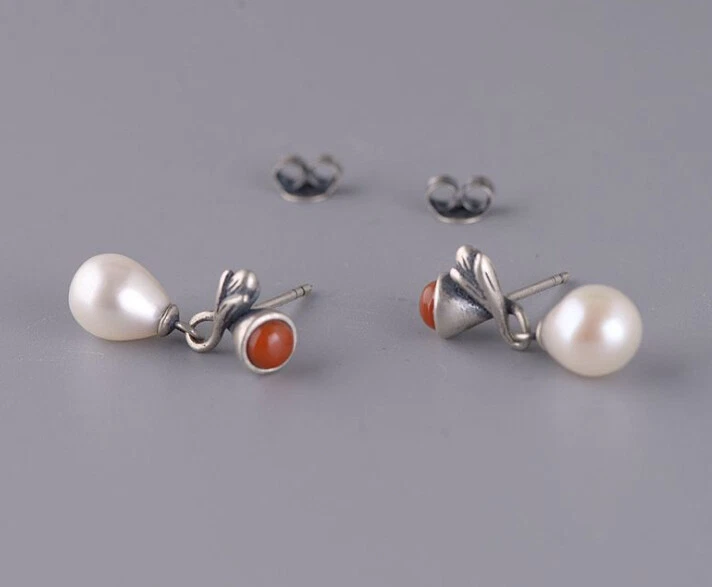 I05 Orecchini Fiore Argento Sterling 925 Con Bianca Dolce Perla Rotondi Agata - Immagine 3 di 4