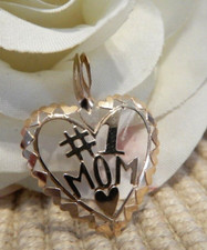 14 KT GOLD 1 MOM Heart Pendant w/mini heart border Perfect Mother's Day gift 
