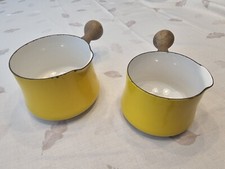 Vintage Dansk Sauce Patelnia Para Żółta emalia Teak Drewniany uchwyt Garnek Francja