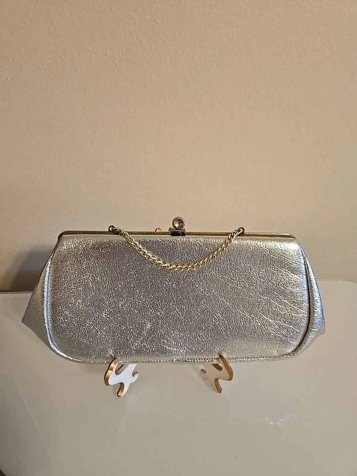 Metallic Silver Faux Leather Clutch Evening Bag Vintage 12" - Image 4 of 4