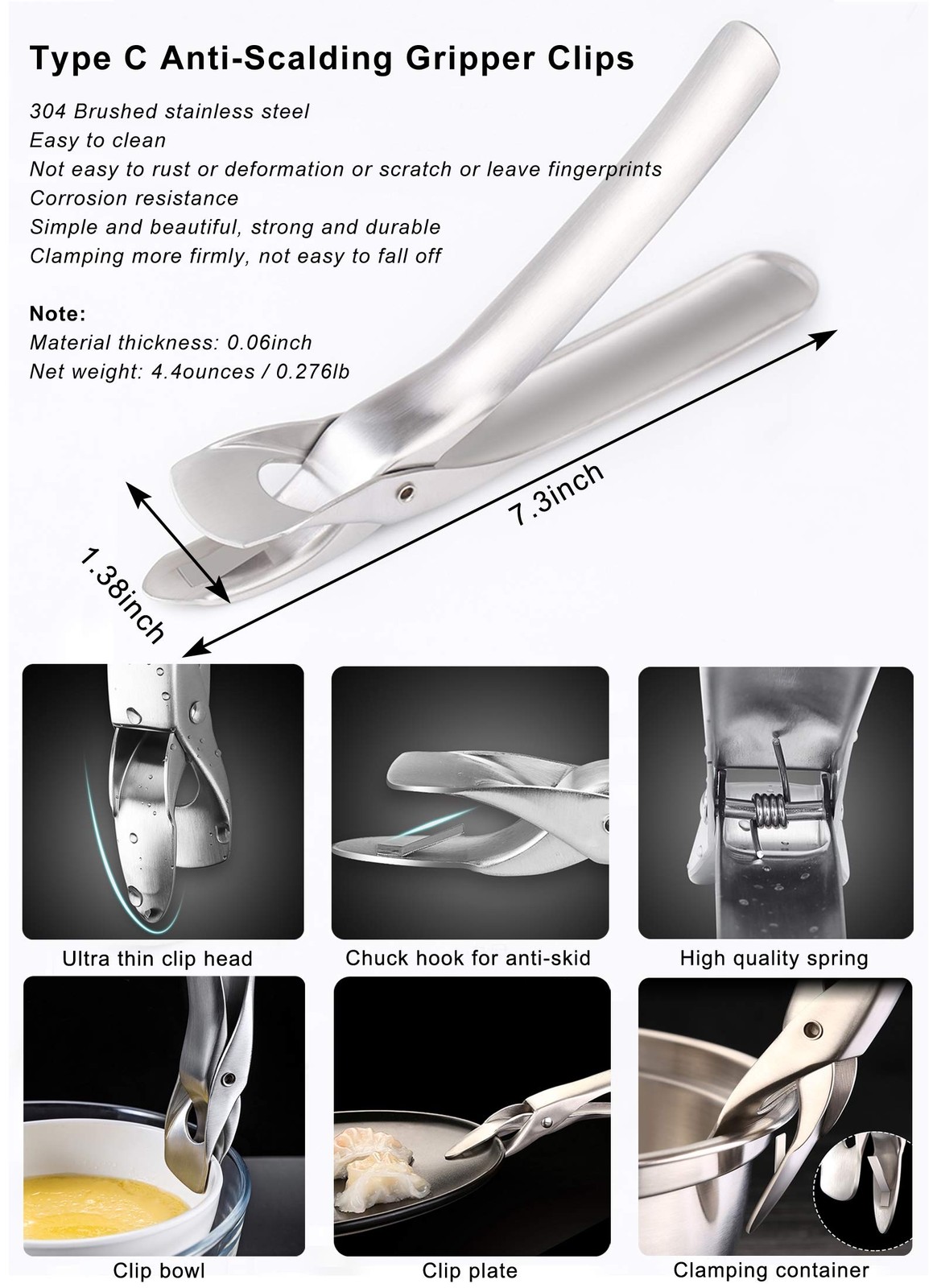 304 Stainless Steel Anti-Hot Bowl Dish Plate Gripper Clip Clamp Holder for Mo...