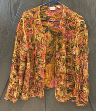 Chicos 100 Silk Open Front Jacket Size 2 Colorful Ribbon Art to Wear Career