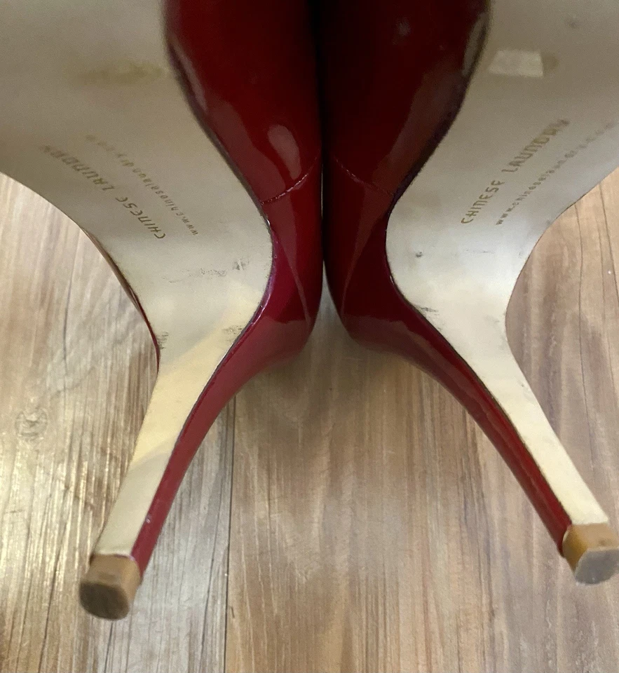 Mujer Rojo Charol Tacones Talla 8 Peep Toe Suavemente Usados Foto 4 de 4
