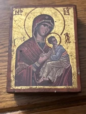 Holy Mother of God Greek Byzantine Icon Handmade Lithograph Gold Leaf 2.5”x 4.5”