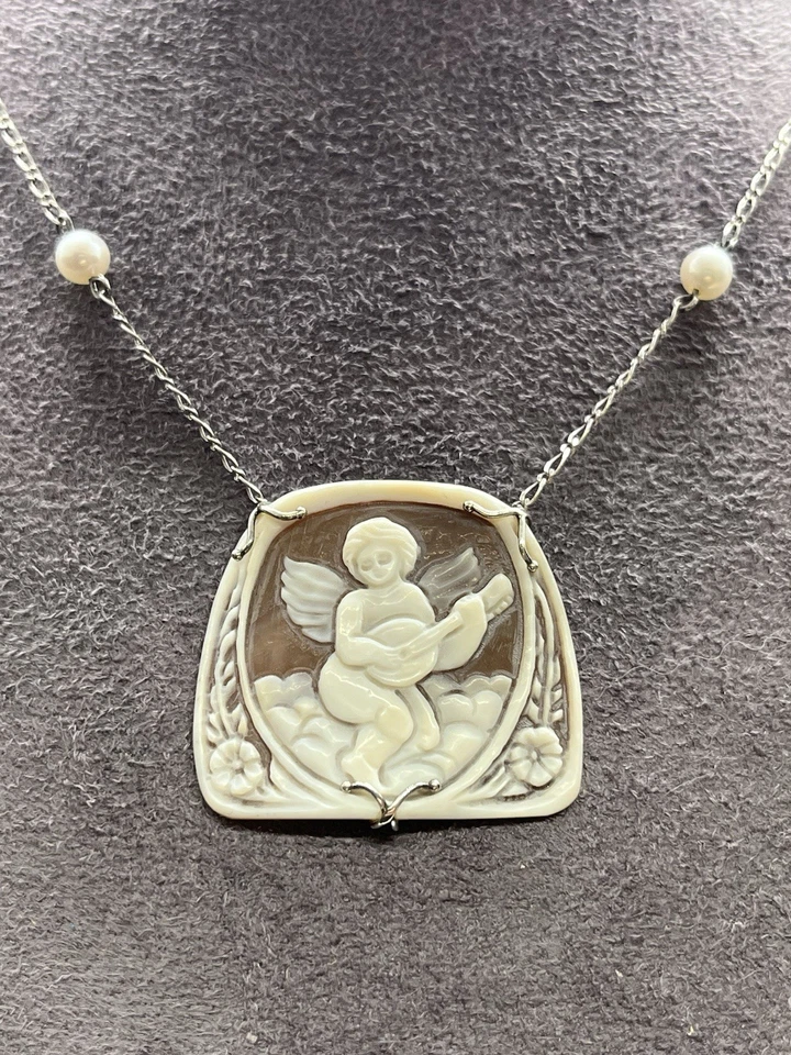 Collana In Argento E Perle Con Cammeo Sardonico - Angelo Con Chitarra - Immagine 2 di 4