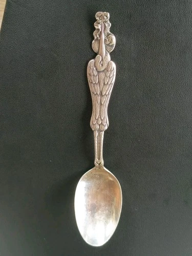 RARE Antique Sterling Silver 925 Figural Stork Delivering a Baby Teaspoon SSMC
