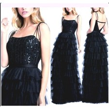 MAC DUGGAL Sequin Bustier Tier Tulle Gown  2 Maxi Dress Black