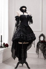 Women's Gothic Black Bride Costume Lace Up Top Layered Skirt Veil Choker