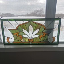 Leaded Stained Glass Transom Window Lotus Flower 36.5 x 16.5 Inches Window Panel