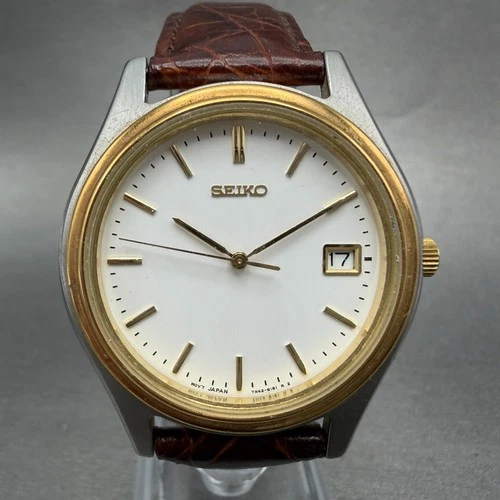 Seiko Watch Men 37mm White Dial Two Tone Date Round 7n42-8089 New Battery