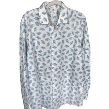 bar lll Mens Slim fit Stretch L 16 White Blue Leaf Print Dress Shirt Vacation
