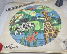 VTG Handpainted Needlepoint Canvas Shari Z Jungle Animals Zebra Giraffe