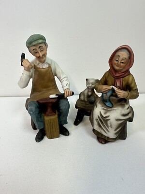 VTG Ceramic Elderly Couple Figurines Sewing Metalworking On Bench Cottagecore