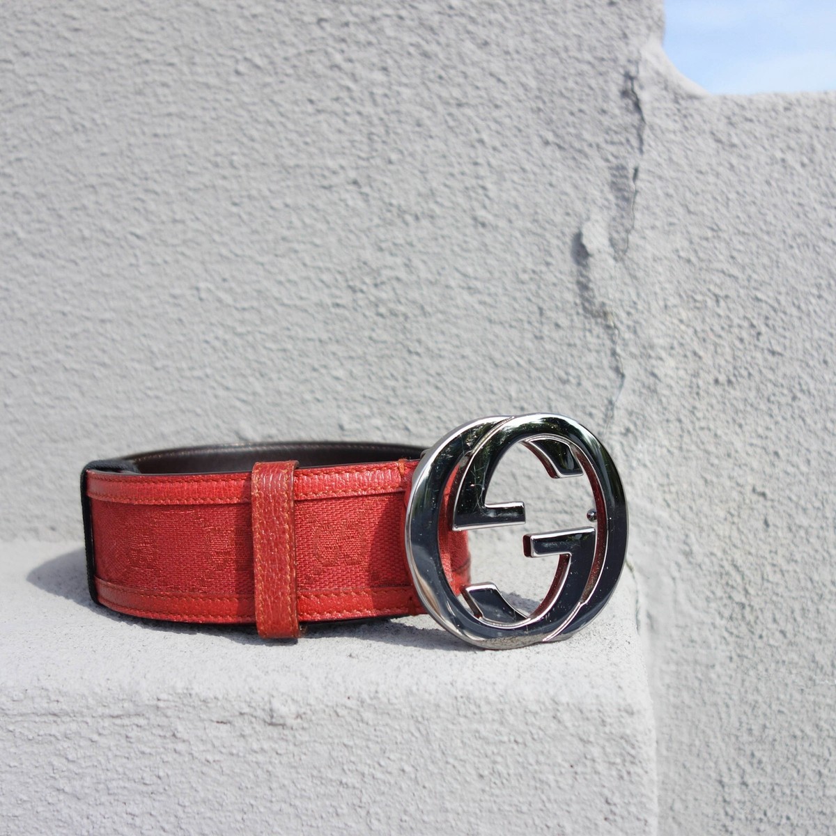 Vintage Gucci Red Belt, gunmetal, burgundy, monogram GG's, Leather,canvas, small | eBay Vintage Gucci Red Belt, gunmetal, burgundy, monogram GG's, Leather,canvas, small | eBay