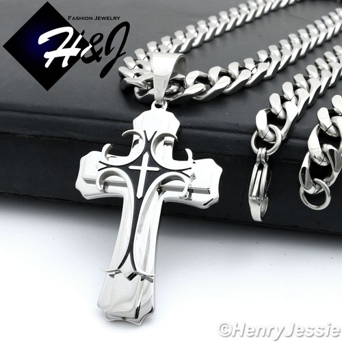 30"Stainless Steel 9mm Silver Cuban Chain Bracelet Black Plated Cross Pendant*H - 第 2/8 張圖片