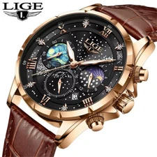 LIGE Men Watches Roman Numerals Luminous Chronograph Multifunction Wristwatch