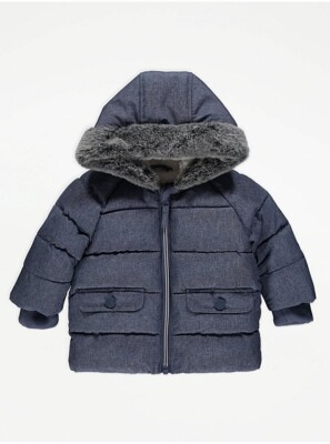 EX STORE GEORGE BABY NAVY FAUX FUR TRIM HOODED FLEECE LINED COAT 0m-18m  UK