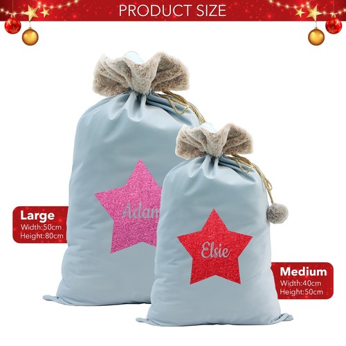 Personalisierter Samt Nikolaus Sack in Babyblau mit Stern Design Kinder Weihnachtsgeschenk - Bild 3 von 7