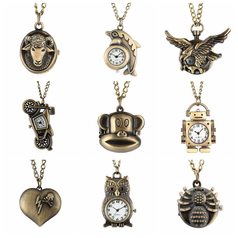 Vintage Butterfly Quartz Bronze Pocket Watches Pendant Necklace Chain