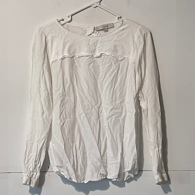 Loft Womens Blouse Shirt Size S White Lace Long Sleeve Viscose Scoop Neck 