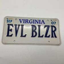Virginia License Plate EVL BLZR Personalized Plate 2007 12" by 6"