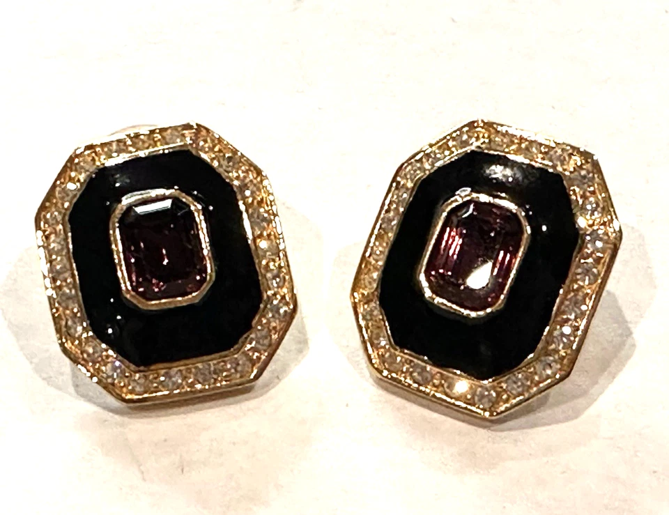 PENDIENTES OREJA GRUESOS PERFORADOS ROMANOS ESMALTE NEGRO PÚRPURA ESTRÁS ORO POSTE 1" UE Foto 4 de 4