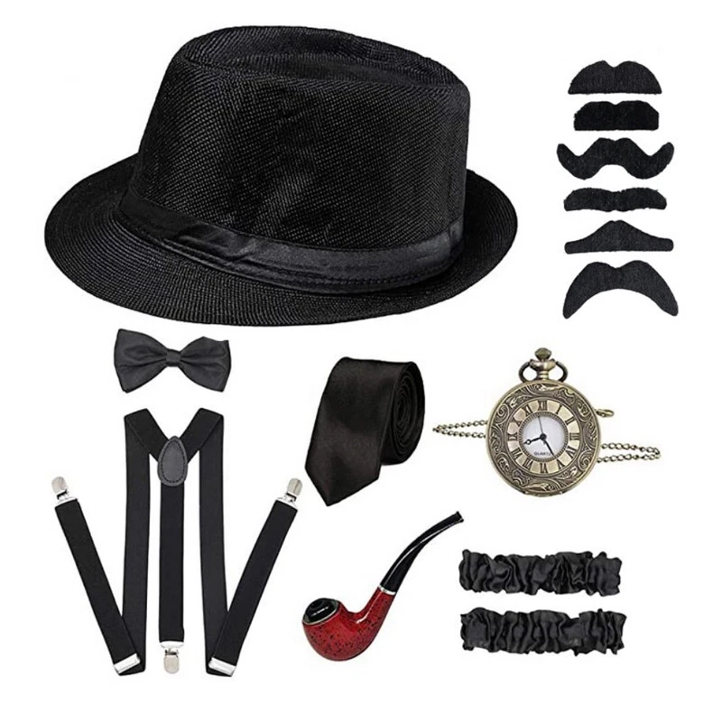 Conjunto de accesorios de disfraz de gángster Gatsby de la década de 1920 para hombre boina sombrero tirantes espalda en Y Foto 3 de 4