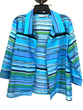 Chico s Linen Blend Open Front Jacket Size 2 XL Blue Striped Sheer Panel