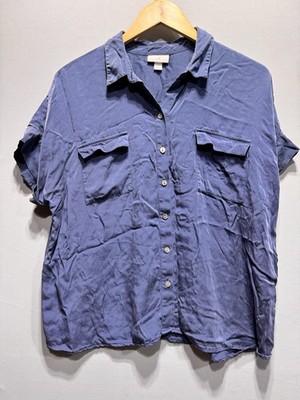 J Jill Button Front Shirt Womens L Petite Blue Short Cap Sleeve Lightweight Top