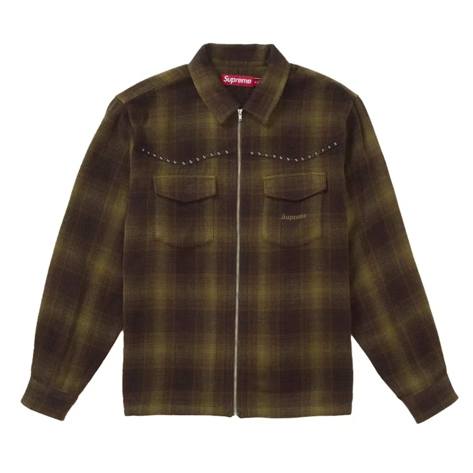 Supreme Studded Shadow Plaid Zip Up Shirt Green 52190₽