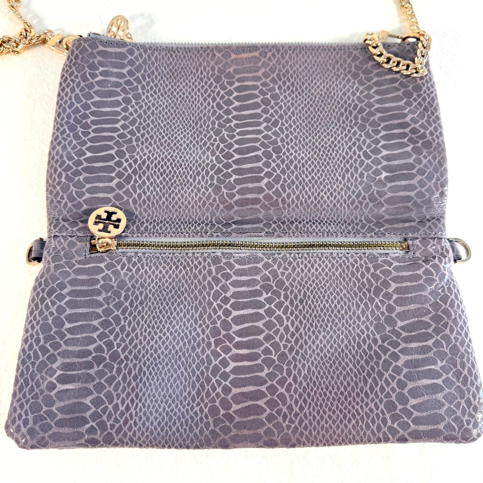 Tory Burch Python Print Leather Foldover Clutch C… - image 3