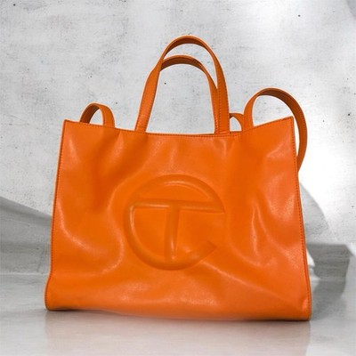 Telfar Medium-Size Orange Shopping Tote Bag with Silver Hardware and Dust Bag