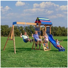 Children's Cedar Swing Set with 6-Foot Wave Slide  Canopy Roof - Safe Play