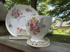 Tuscan Bone China Made In England, Floral China, Pink, Blue, Cup & Saucer Teacup
