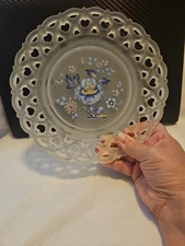 Westmoreland Satin Glass Decorative Plate with Blue Flowers Reticulated 8.5"