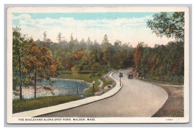 Malden MASSACHUSETTS Boulevard Along Spot Pond Scenic c1935 Vintage Postcard